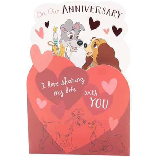 UK Greetings Disney Lady & The Tramp anniversary greeting card with a stunning pop-up design for him or her.