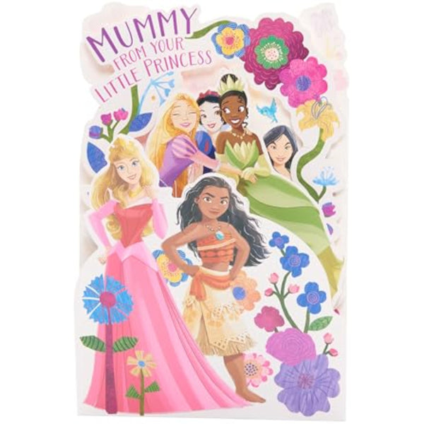 UK Greetings Disney Princess birthday greeting card for Mummy with a colorful pop-up floral design and Disney princess illustrations.
