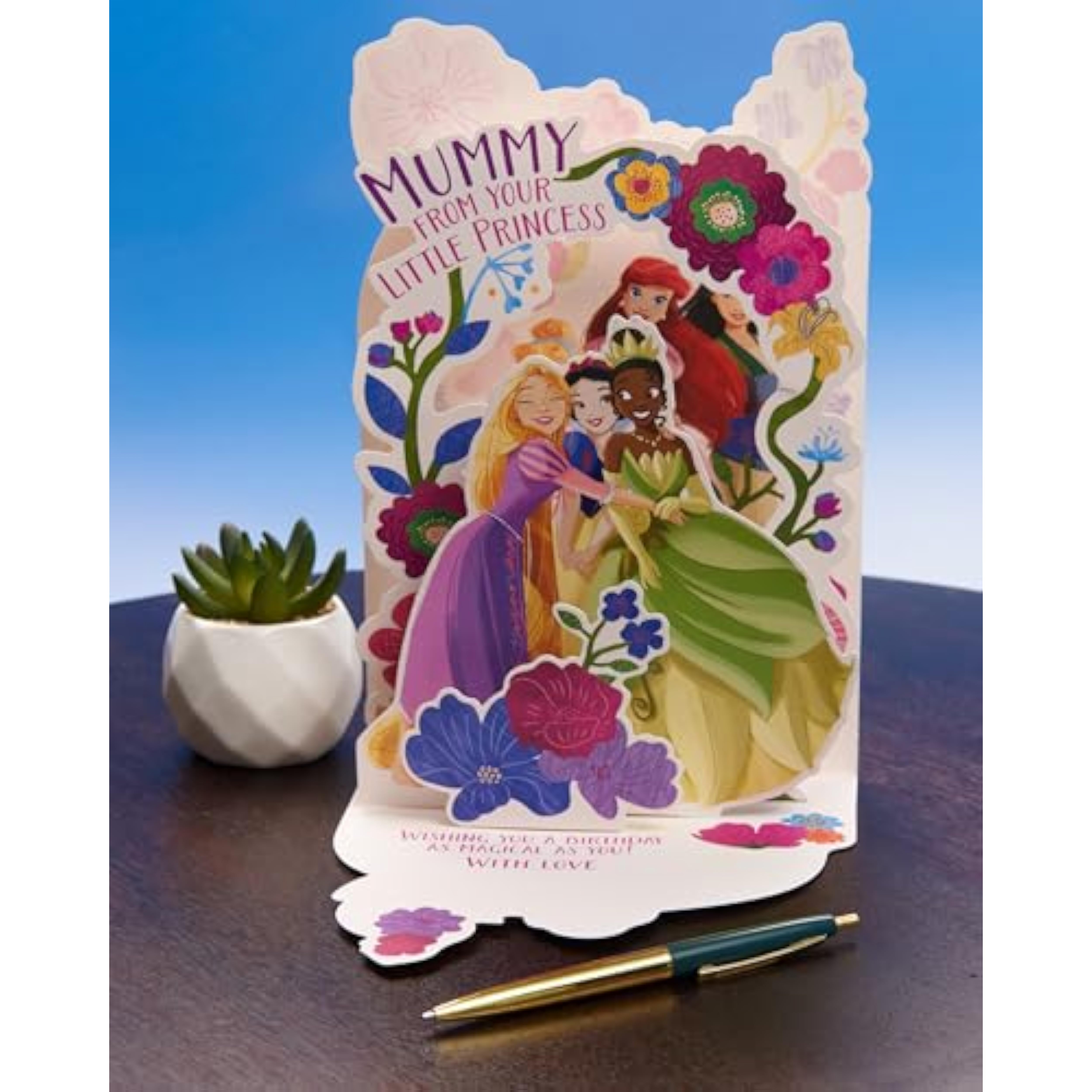 Disney Princess birthday greeting card for Mummy with pop-up floral design by UK Greetings, featuring vibrant princess illustrations.