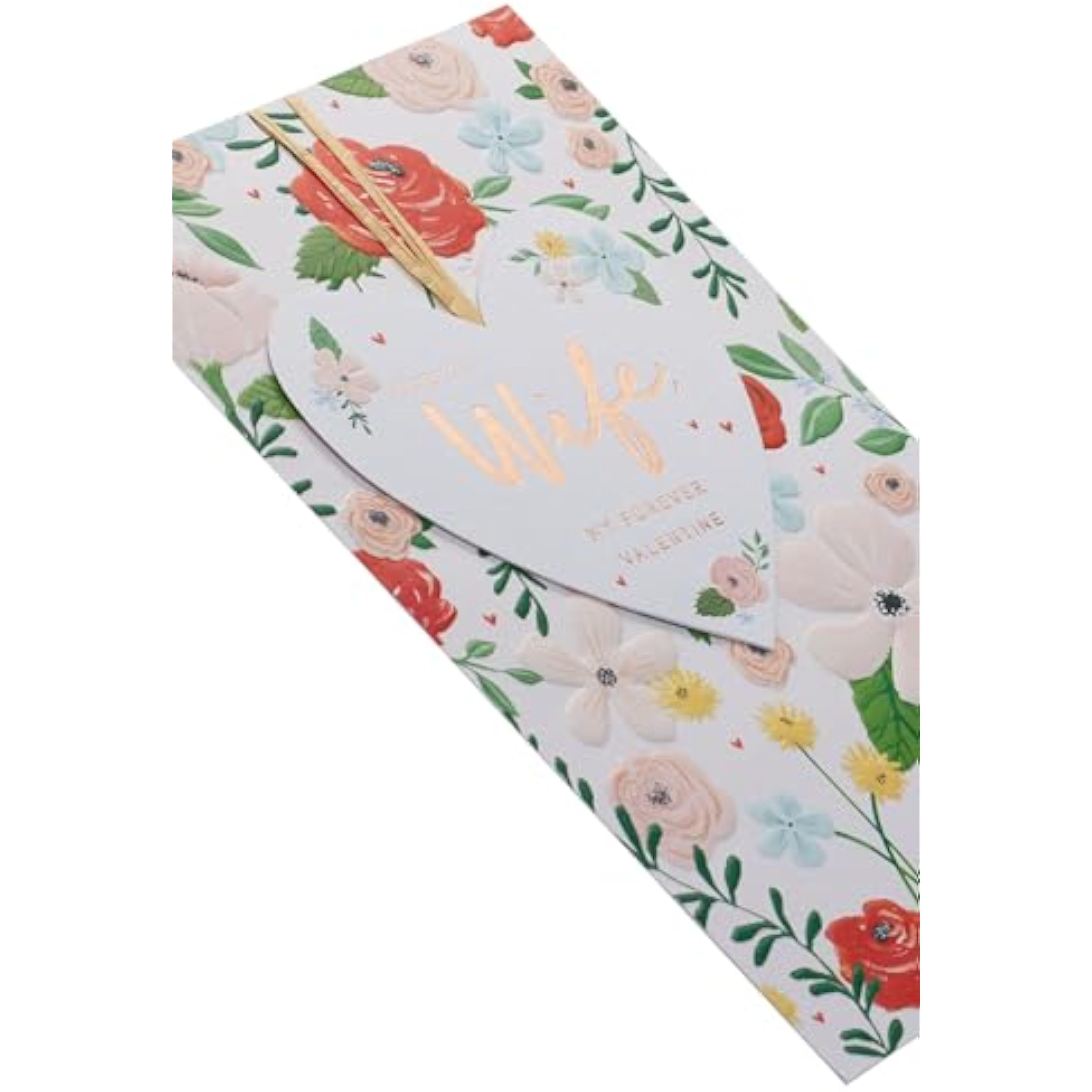 UK Greetings Valentine's Day greeting card for wife with bright floral design, featuring colorful flowers and romantic message.