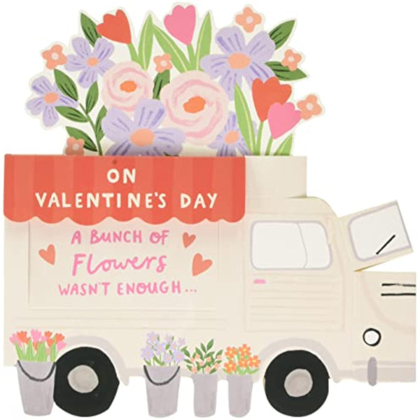 Valentine's Day greeting card for her with pop-up flower truck design and envelope, by UK Greetings.