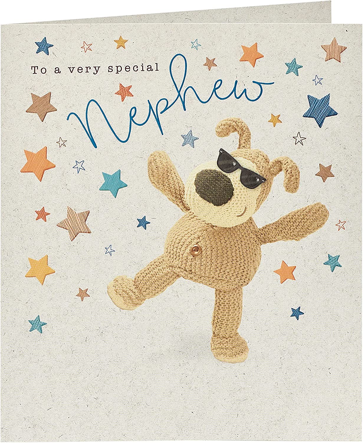 Colorful Nephew birthday greeting card featuring Boofle design from UK Greetings, with cheerful illustrations and festive details.