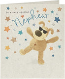 Colorful greeting card featuring a cheerful design for a nephew's birthday, branded UK Greetings with playful illustrations.