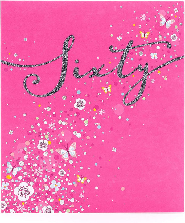 Vibrant 60th birthday foil butterfly greeting card from UK Greetings with colorful butterfly design and celebratory message.