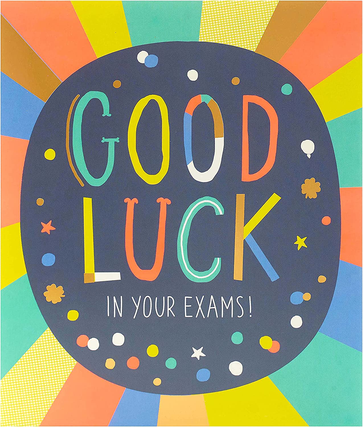 Vibrant multicolour exam good luck greeting card by UK Greetings, featuring cheerful design and message for students.