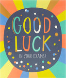 Vibrant multicolour exam good luck greeting card by UK Greetings, featuring cheerful design and message for students.