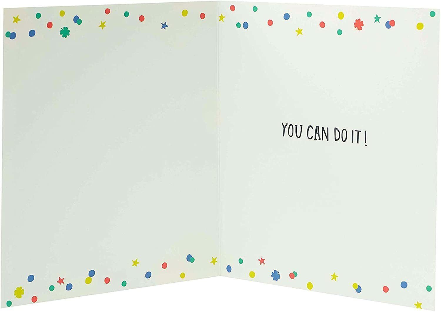 Vibrant multicolour exam good luck greeting card by UK Greetings with colorful design and encouraging message for students.