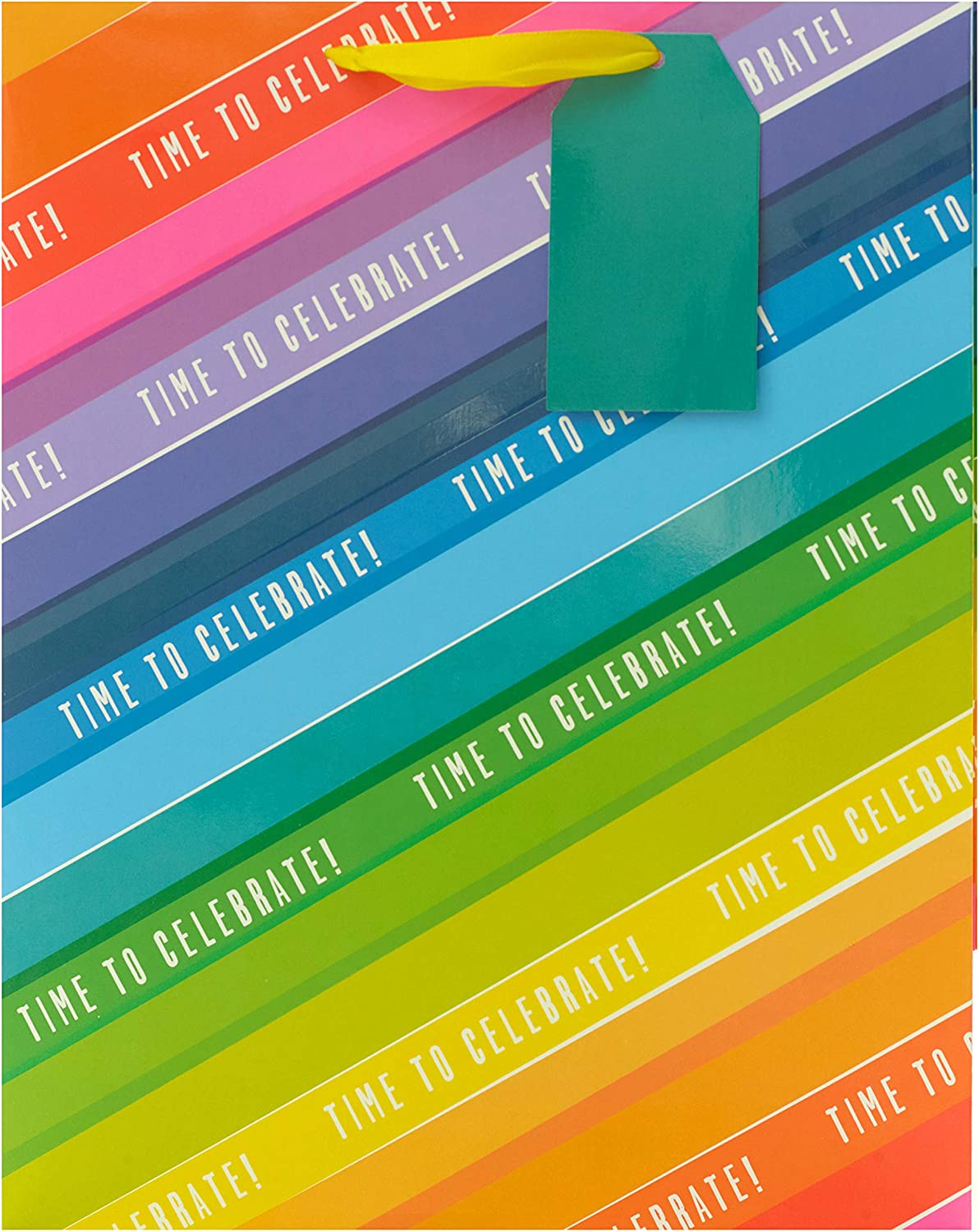 Large vibrant rainbow gift bag featuring colorful patterns, designed for greeting cards by UK Greetings.