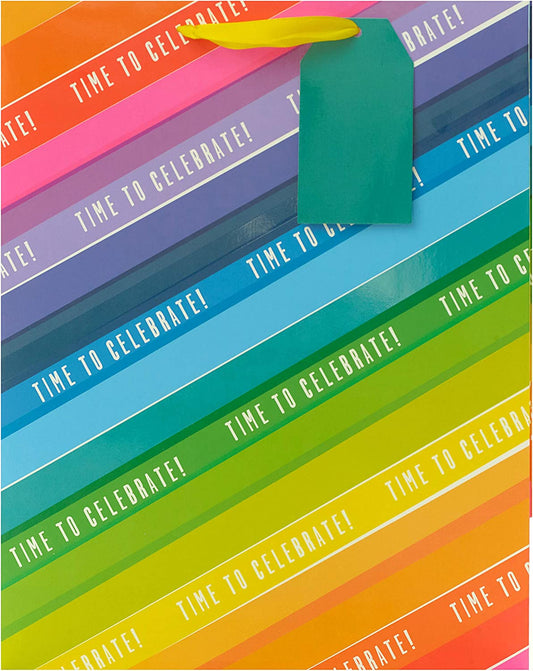Large vibrant rainbow gift bag featuring colorful patterns, designed for greeting cards by UK Greetings.