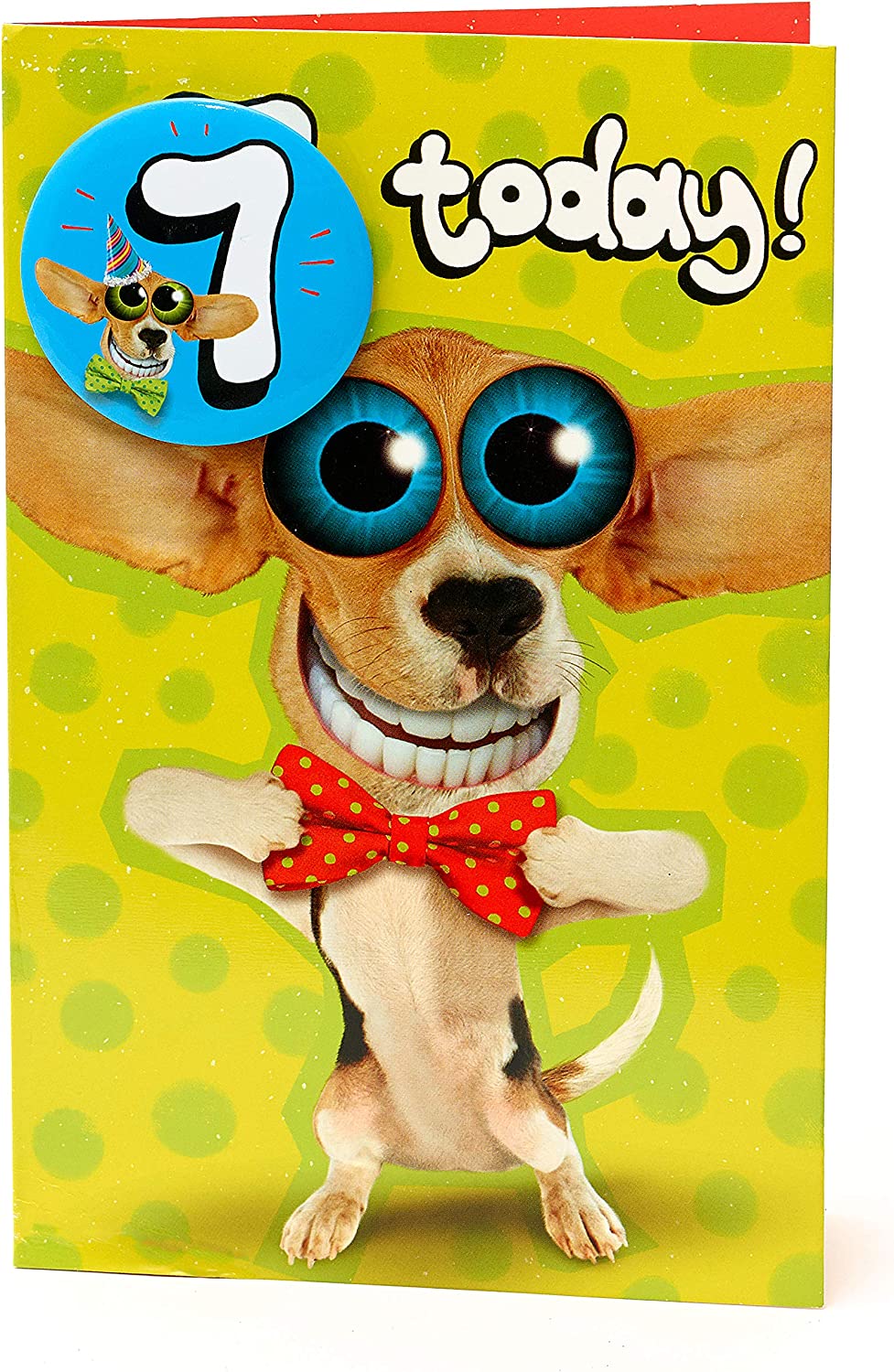 Wacky Big-Eyes Dog 7th Birthday greeting card by UK Greetings featuring a colorful cartoon dog with playful big eyes.