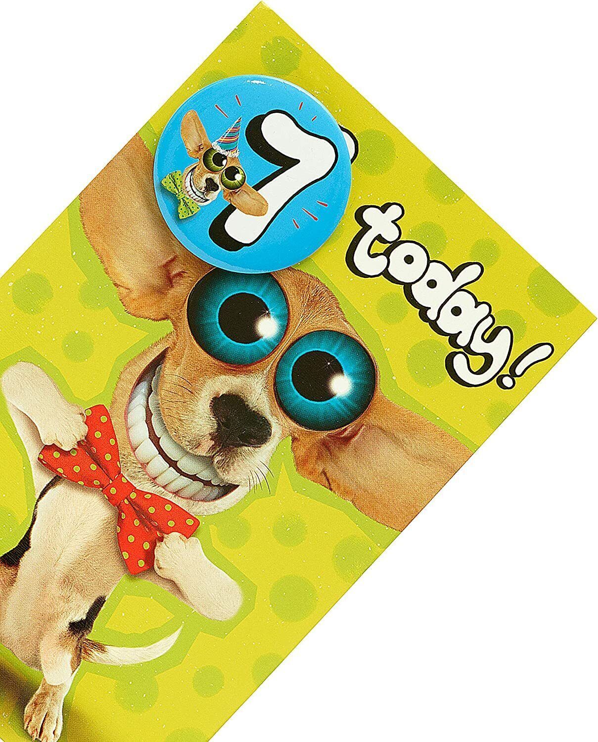 Colorful Wacky Big-Eyes Dog birthday greeting card by UK Greetings featuring a playful cartoon dog for a 7th birthday celebration.