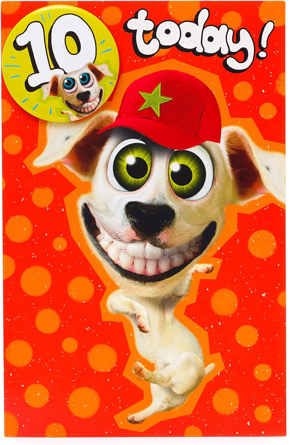 Wacky dog design 10th birthday greeting card from UK Greetings with colorful illustrations and a badge included.
