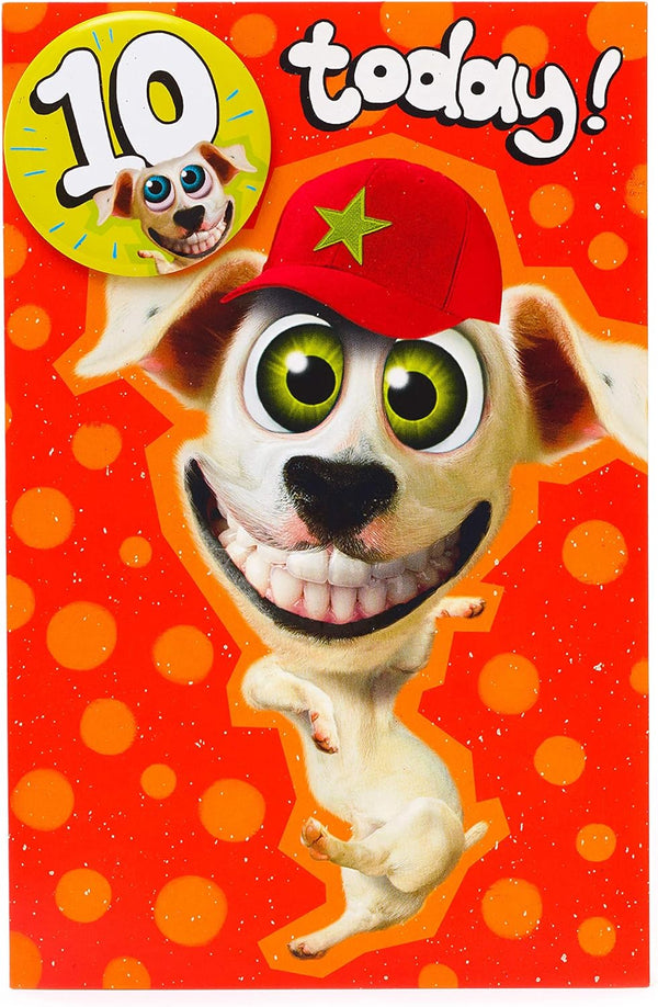 Wacky dog design 10th birthday greeting card from UK Greetings with colorful illustrations and a badge included.