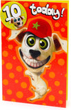 Wacky Dog 10th Birthday greeting card from UK Greetings with a matching badge, featuring colorful dog illustrations and playful design.