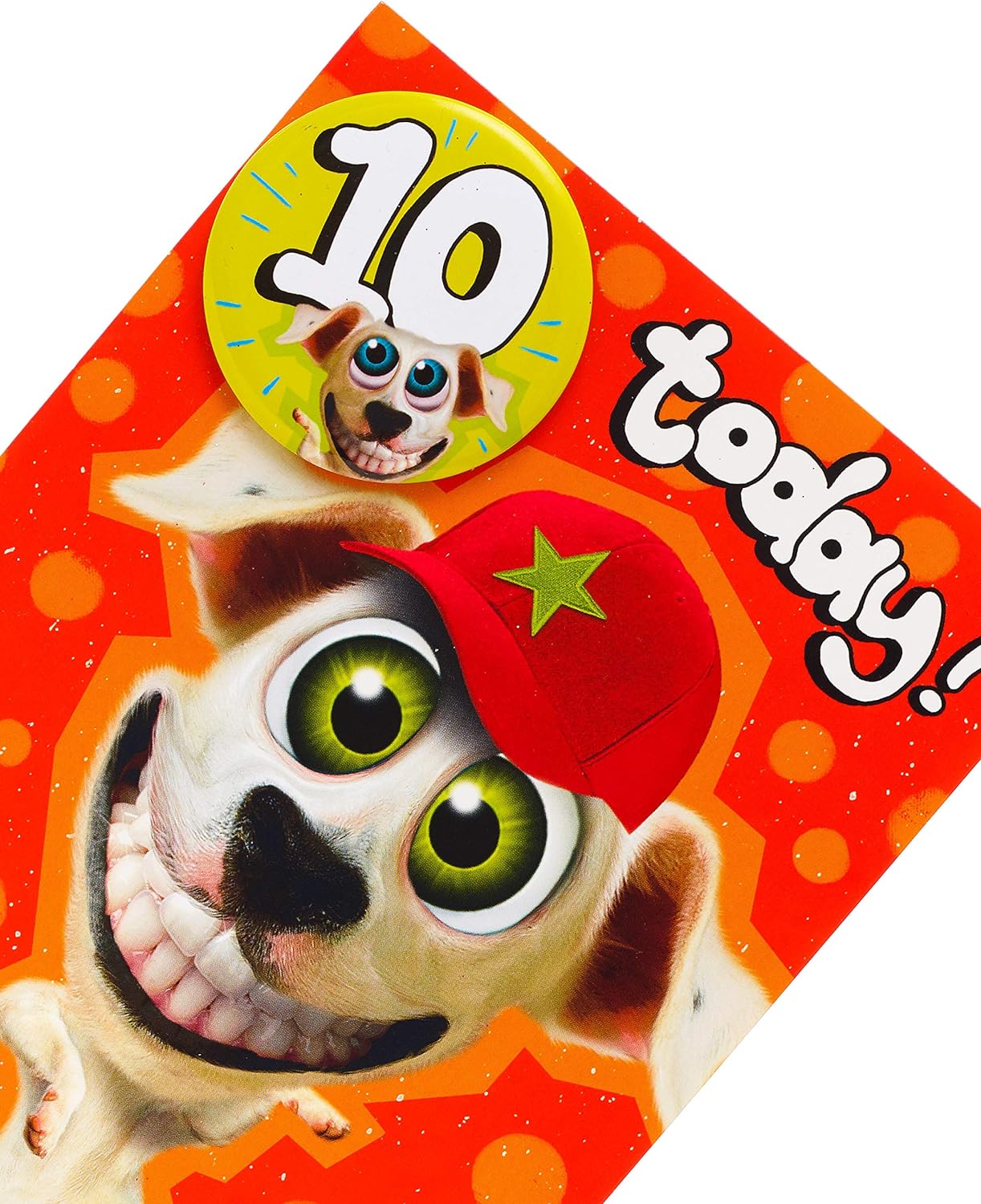 Wacky dog design 10th birthday greeting card with badge from UK Greetings, featuring colorful cartoon dog illustration.