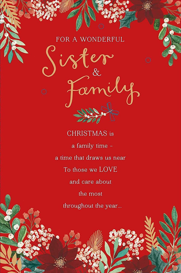 Warm and traditional Christmas greeting card for sister and family from UK Greetings, featuring festive holiday designs.