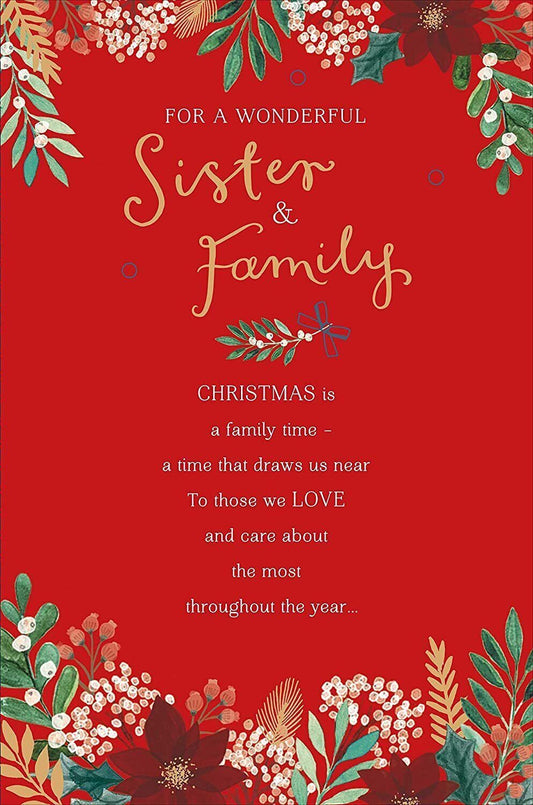 Warm and traditional Christmas greeting card for sister and family from UK Greetings, featuring festive holiday designs.