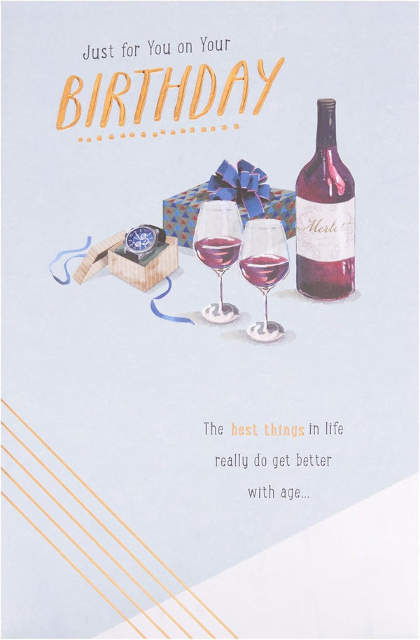 Greeting card featuring a watch and wine design for birthdays, by UK Greetings, with colorful illustrations on the front.