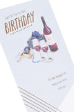 Greeting card featuring a watch and wine design for birthdays, by UK Greetings, with colorful illustrations on the front.