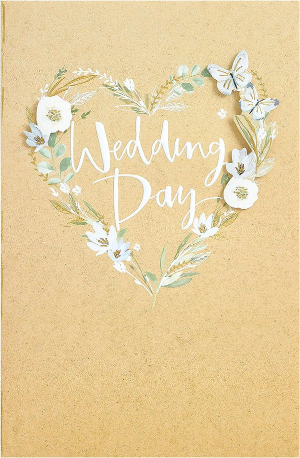 White wedding greeting card with elegant flower design, suitable for him, her, or a friend, by UK Greetings.