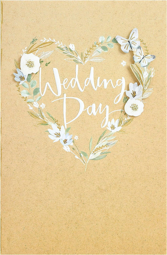 White wedding greeting card with elegant flower design, suitable for him, her, or a friend, by UK Greetings.