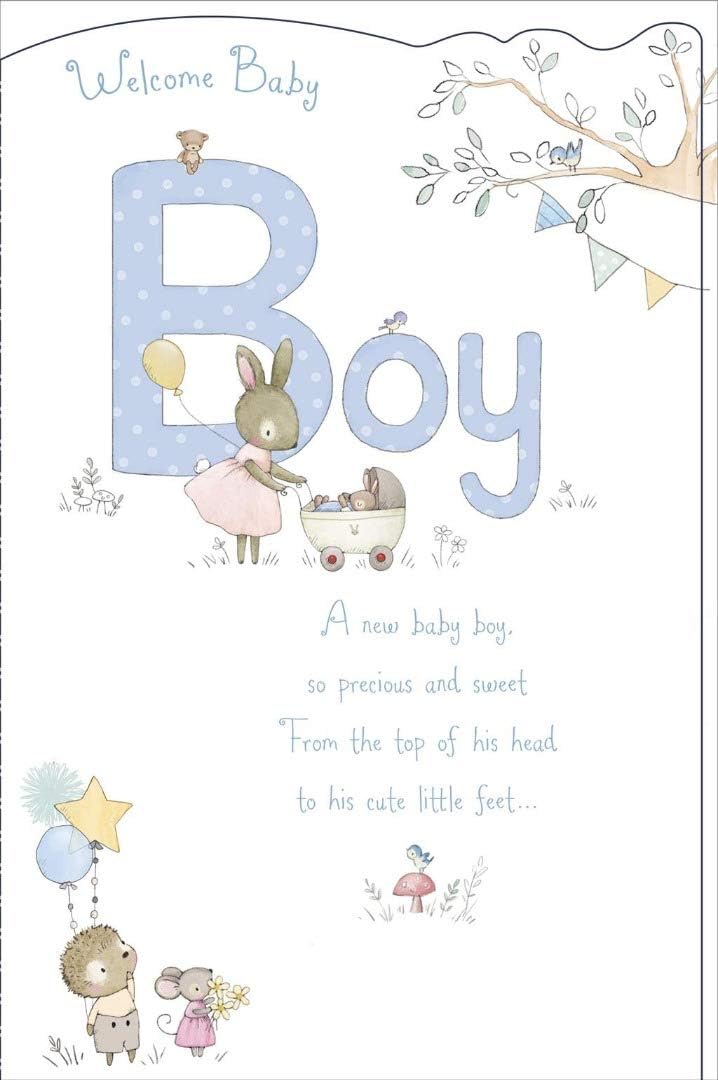 Welcoming baby boy greeting card from UK Greetings featuring cheerful design for new arrival celebration.