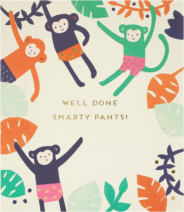 UK Greetings Well Done Monkey congratulations greeting card with colorful design celebrating exam success.