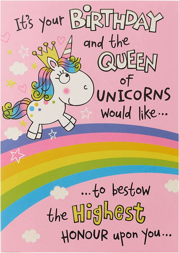 Whimsical unicorn birthday greeting card featuring space for a personalized name, from UK Greetings.