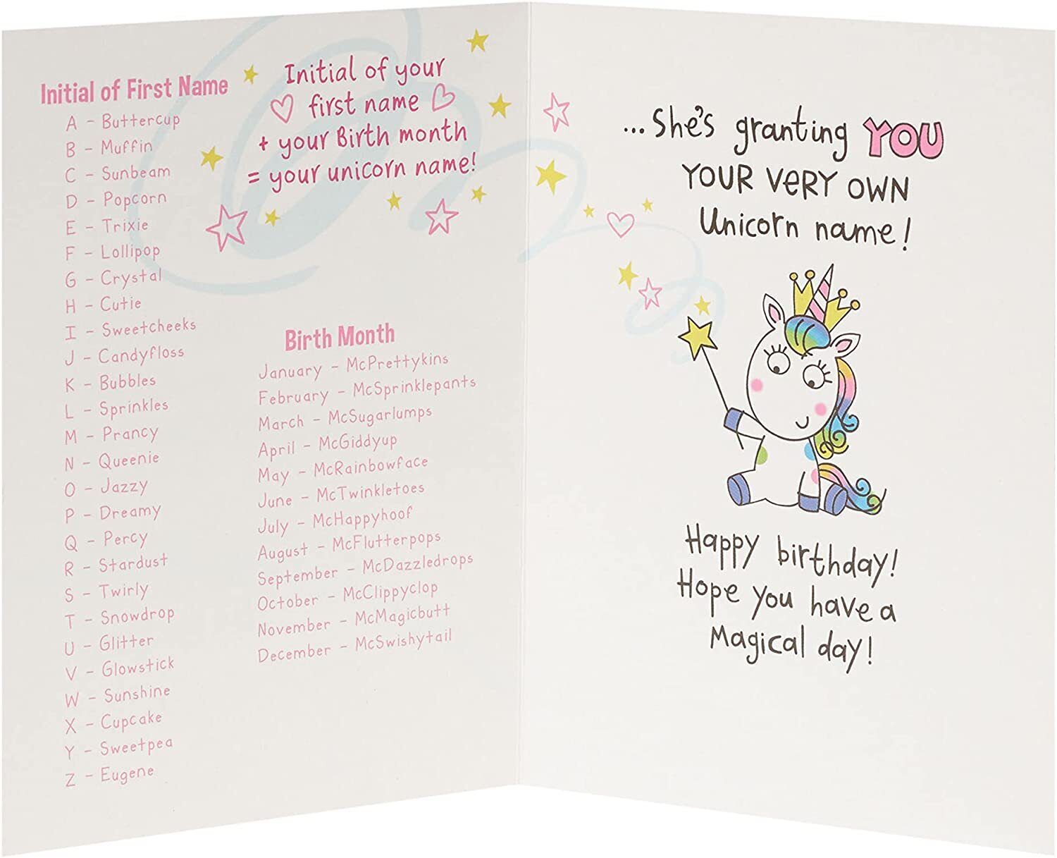 Whimsical unicorn birthday greeting card with space for personalized name, featuring colorful unicorn illustration from UK Greetings.
