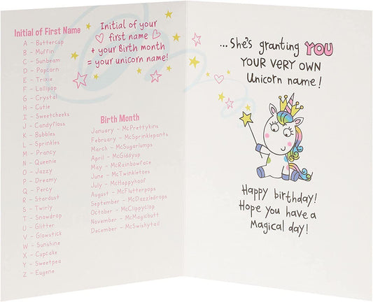 Whimsical unicorn birthday greeting card with space for personalized name, featuring colorful unicorn illustration from UK Greetings.