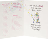 Whimsical unicorn birthday greeting card with space for personalized name, featuring colorful unicorn illustration from UK Greetings.
