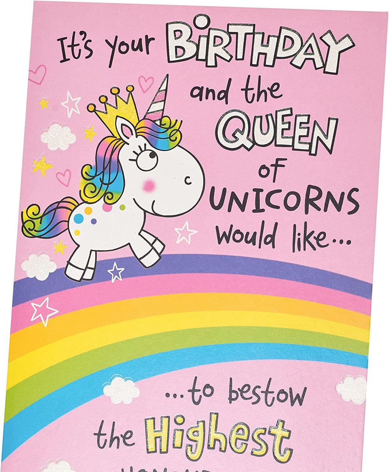 Whimsical unicorn birthday greeting card with space for personalized name, colorful design, and UK Greetings branding.