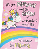 Whimsical unicorn birthday greeting card with space for personalized name, colorful design, and UK Greetings branding.