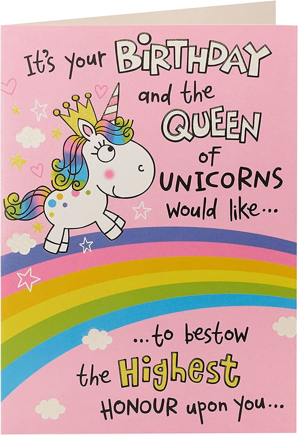 Whimsical unicorn birthday greeting card with space for a personalized name, featuring colorful unicorn illustrations by UK Greetings.