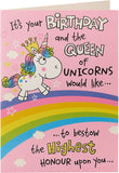 Whimsical unicorn birthday greeting card with space for a personalized name, featuring colorful unicorn illustrations by UK Greetings.