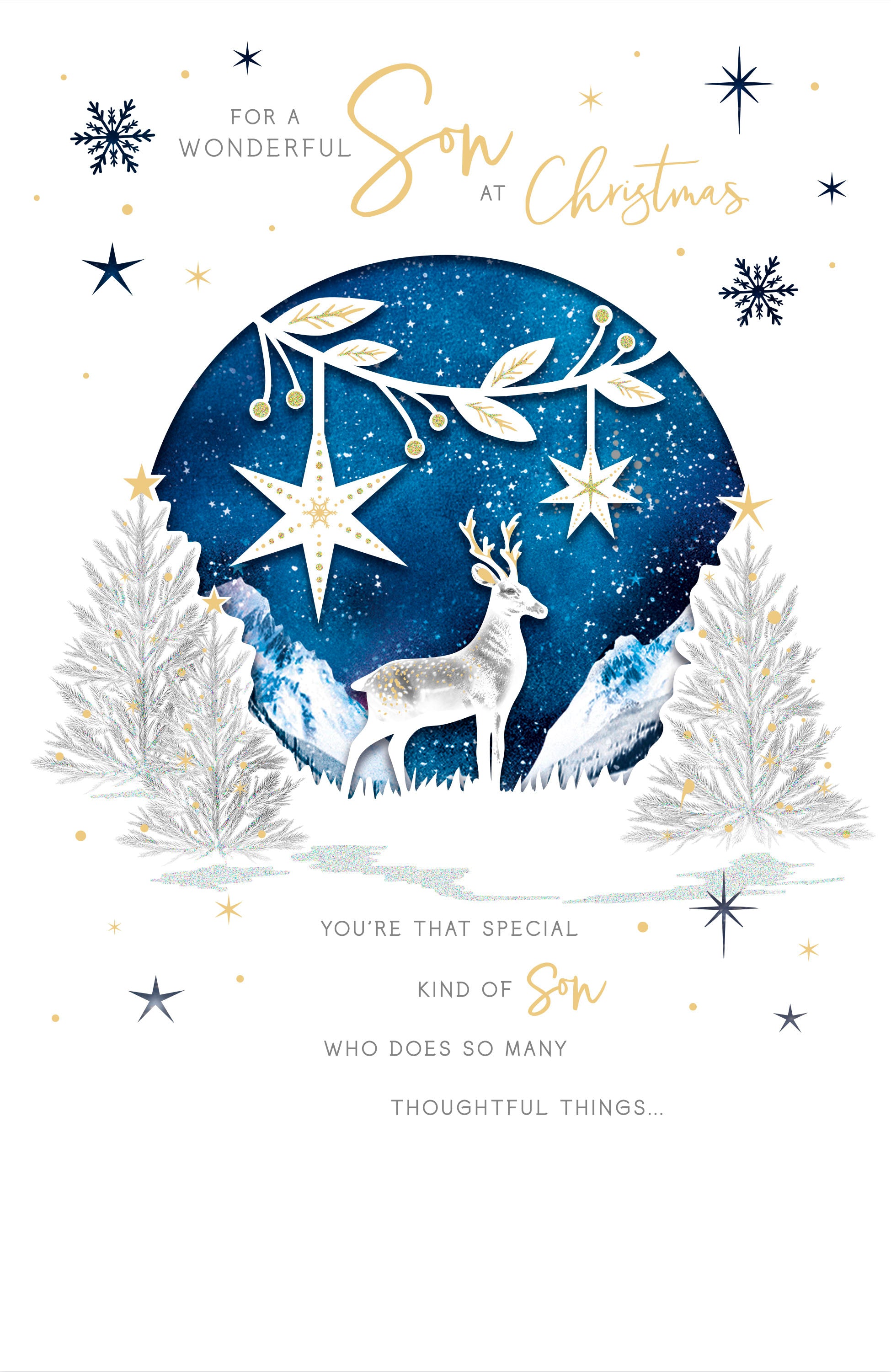 White and blue stag Christmas greeting card for a wonderful son, featuring festive holiday design by UK Greetings.