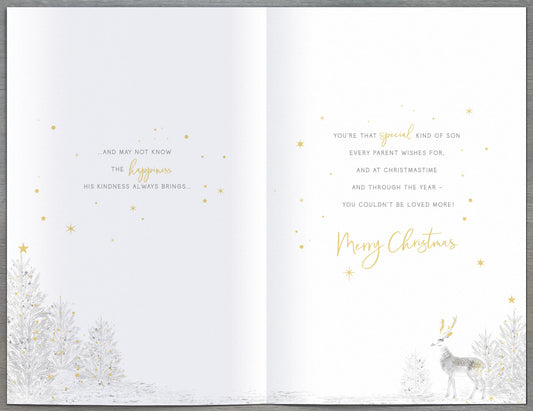 White and blue stag Christmas greeting card for a wonderful son, featuring festive holiday design by UK Greetings.