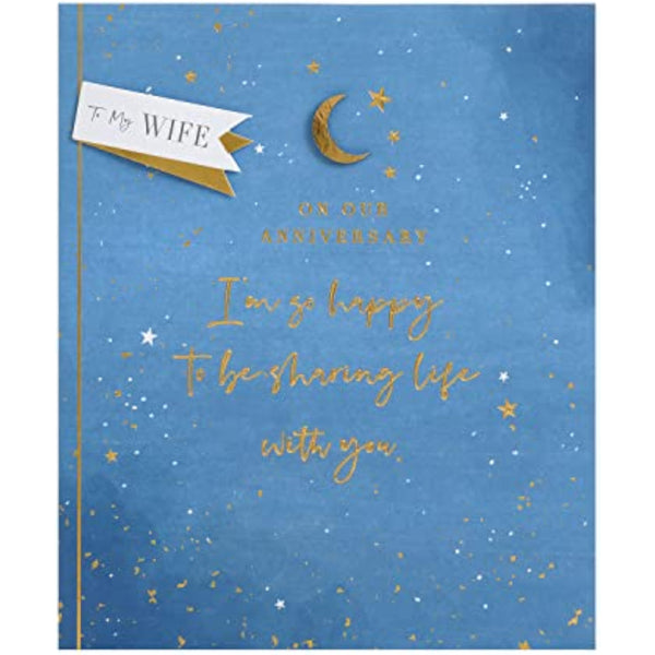 Starry gold foil embossed wife anniversary greeting card with elegant design, perfect for celebrating a special occasion.