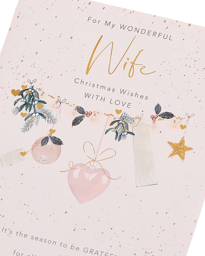 Elegant Christmas greeting card from UK Greetings featuring a festive bauble design and heartfelt message for wives.