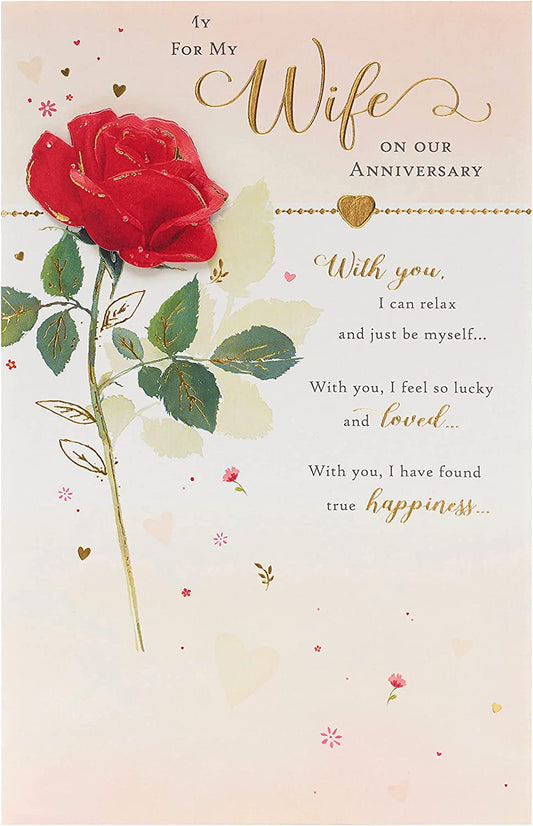 Luxury gold foil Wife Rose anniversary greeting card by UK Greetings, featuring elegant floral design and heartfelt message.