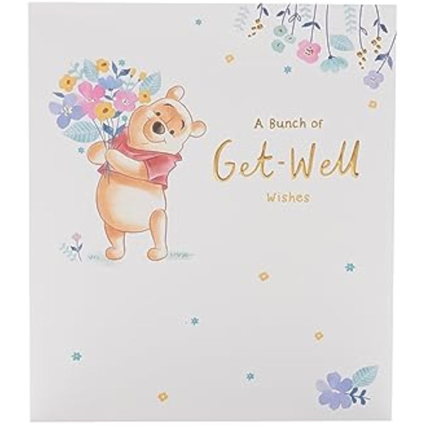 Winnie the Pooh get well greeting card with floral design and gold foil accents, UK Greetings brand.