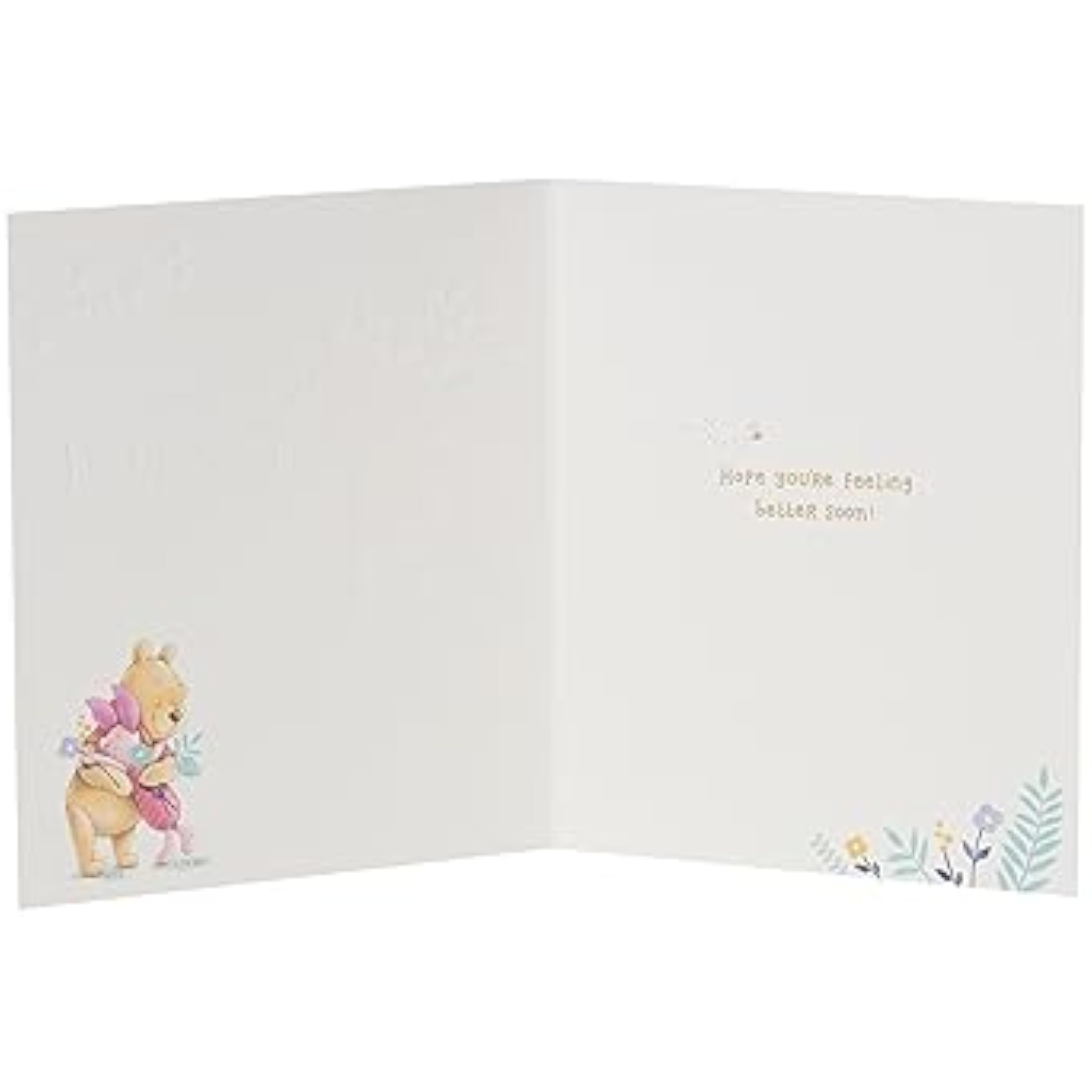 Winnie the Pooh get well greeting card with flower design and gold foil accents, UK Greetings.