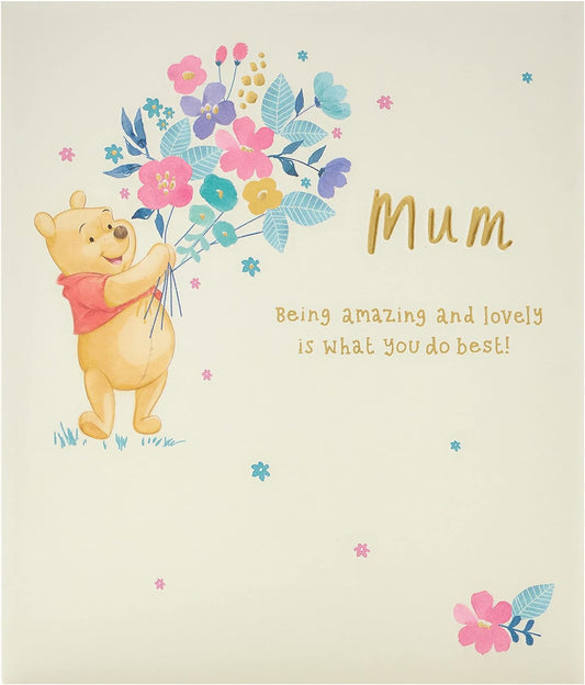 Gold foil Winnie the Pooh greeting card for mums from UK Greetings, featuring a cheerful Pooh design and heartfelt message.