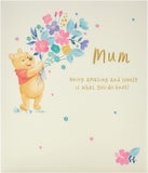 Gold foil Winnie the Pooh greeting card for mums from UK Greetings, featuring a cheerful Pooh design and heartfelt message.