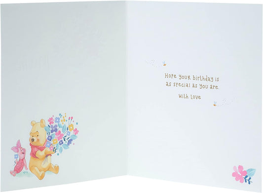 Winnie the Pooh gold foil mum greeting card with colorful illustration, perfect for celebrating Mother's Day or special occasions.