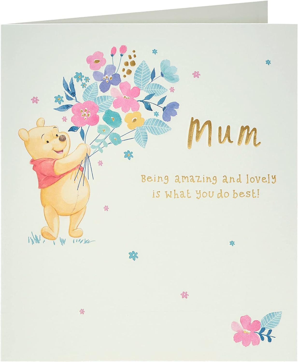 Winnie the Pooh gold foil greeting card for mums, featuring cheerful Pooh illustration and decorative gold foil accents.