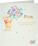 Winnie the Pooh gold foil greeting card for mums, featuring cheerful Pooh illustration and decorative gold foil accents.