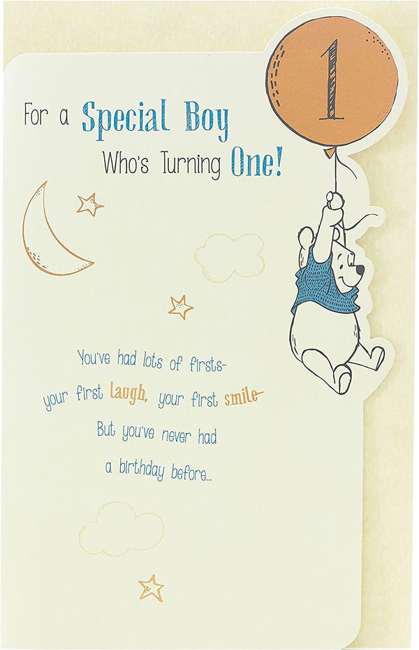 Winnie the Pooh first birthday boy greeting card with colorful illustrations and cheerful design, perfect for celebrating a special day.