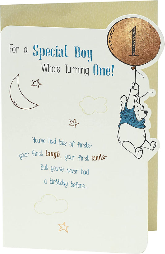 Winnie the Pooh 1st birthday greeting card for boys, featuring colorful illustrations and cheerful birthday message by UK Greetings.