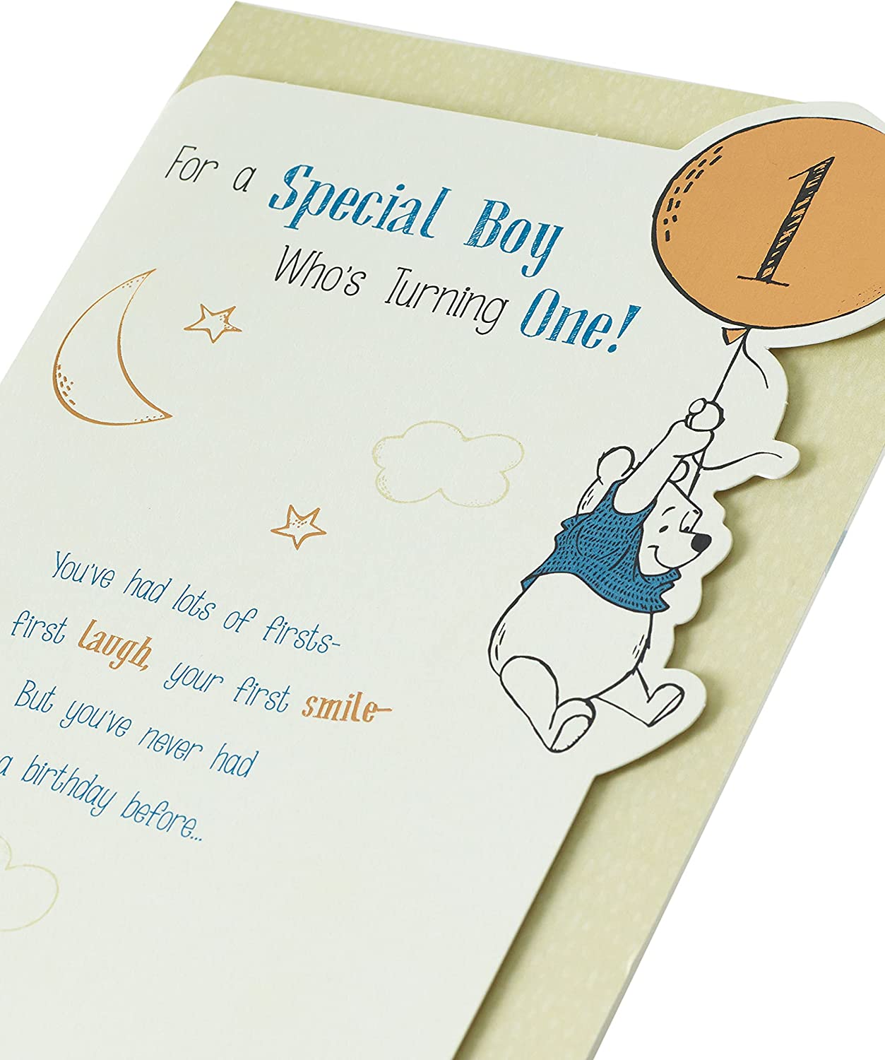 Winnie the Pooh first birthday boy greeting card with colorful illustrations and playful design, ideal for celebrating a young child's birthday.